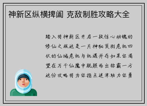 神新区纵横捭阖 克敌制胜攻略大全